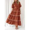 imagePRETTYGARDEN Womens Summer Button Down Shirt Dress Short Puffy Sleeve Tiered Ruffle Flowy Long Maxi DressesRust Red