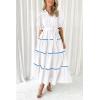 imagePRETTYGARDEN Womens Summer Button Down Shirt Dress Short Puffy Sleeve Tiered Ruffle Flowy Long Maxi DressesWhite Blue