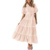 imagePRETTYGARDEN Womens Summer Button Down Shirt Dress Short Puffy Sleeve Tiered Ruffle Flowy Long Maxi DressesBeige