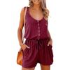 imagePRETTYGARDEN Womens Summer Casual Shorts Jumpsuit Plain Scoop Neck Button Down Sleeveless Tank Top Rompers With PocketsJujube Red