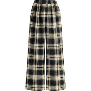 imagePRETTYGARDEN Casual Womens Pants 2025 Elastic Waist Palazzo Long Stretchy Wide Leg Trousers Knit Fall Outfits with PocketsPlaid Beige Black