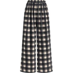 imagePRETTYGARDEN Casual Womens Pants 2025 Elastic Waist Palazzo Long Stretchy Wide Leg Trousers Knit Fall Outfits with PocketsPlaid Black