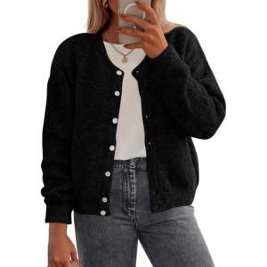 imagePRETTYGARDEN Fall Long Sleeve Cardigans for Women Trendy 2025 Lightweight Button Down Crewneck Loose Knit Sweater ClothesBlack