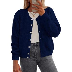 imagePRETTYGARDEN Fall Long Sleeve Cardigans for Women Trendy 2025 Lightweight Button Down Crewneck Loose Knit Sweater ClothesDark Blue