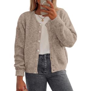 imagePRETTYGARDEN Fall Long Sleeve Cardigans for Women Trendy 2025 Lightweight Button Down Crewneck Loose Knit Sweater ClothesLight Khaki