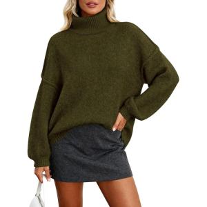 imagePRETTYGARDEN Oversized Sweaters for Women Fall Clothes 2025 Long Sleeve Mock Neck Tops Chunky Knit Pullover Winter ClothingArmy Green