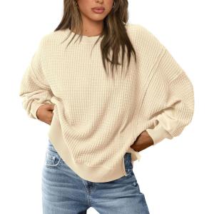 imagePRETTYGARDEN Oversized Sweatshirt for Women 2025 Fashion Crewneck Long Sleeve Pullover Waffle Knit Tops Fall Trendy ClothesBeige
