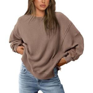 imagePRETTYGARDEN Oversized Sweatshirt for Women 2025 Fashion Crewneck Long Sleeve Pullover Waffle Knit Tops Fall Trendy ClothesBrown