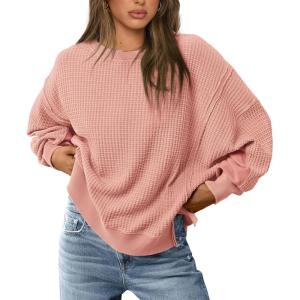 imagePRETTYGARDEN Oversized Sweatshirt for Women 2025 Fashion Crewneck Long Sleeve Pullover Waffle Knit Tops Fall Trendy ClothesCoral Pink