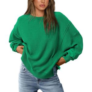 imagePRETTYGARDEN Oversized Sweatshirt for Women 2025 Fashion Crewneck Long Sleeve Pullover Waffle Knit Tops Fall Trendy ClothesGreen