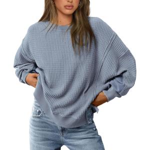 imagePRETTYGARDEN Oversized Sweatshirt for Women 2025 Fashion Crewneck Long Sleeve Pullover Waffle Knit Tops Fall Trendy ClothesGrey Blue