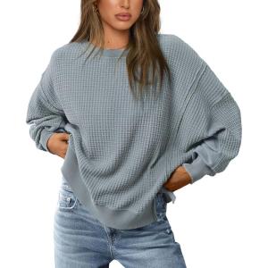 imagePRETTYGARDEN Oversized Sweatshirt for Women 2025 Fashion Crewneck Long Sleeve Pullover Waffle Knit Tops Fall Trendy ClothesLight Grey Blue