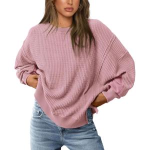 imagePRETTYGARDEN Oversized Sweatshirt for Women 2025 Fashion Crewneck Long Sleeve Pullover Waffle Knit Tops Fall Trendy ClothesPink