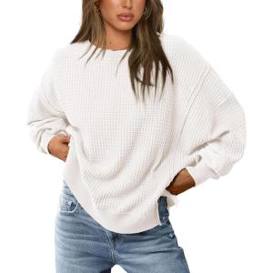 imagePRETTYGARDEN Oversized Sweatshirt for Women 2025 Fashion Crewneck Long Sleeve Pullover Waffle Knit Tops Fall Trendy ClothesWhite