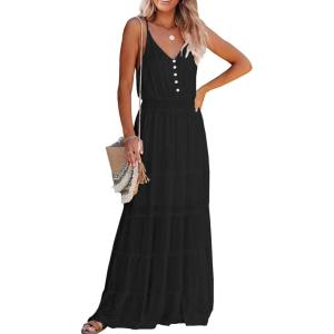 imagePRETTYGARDEN Sundress for Women 2025 Summer Spaghetti Strap Sleeveless High Waist Beach Long Maxi DressesBlack