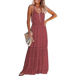 imagePRETTYGARDEN Sundress for Women 2025 Summer Spaghetti Strap Sleeveless High Waist Beach Long Maxi DressesBrick Red