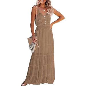 imagePRETTYGARDEN Sundress for Women 2025 Summer Spaghetti Strap Sleeveless High Waist Beach Long Maxi DressesDark Apricot