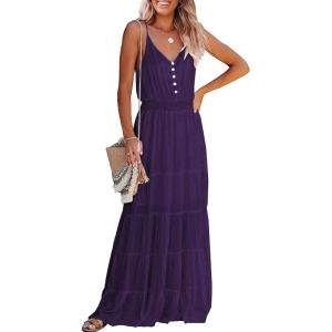 imagePRETTYGARDEN Sundress for Women 2025 Summer Spaghetti Strap Sleeveless High Waist Beach Long Maxi DressesDark Purple