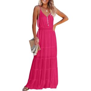 imagePRETTYGARDEN Sundress for Women 2025 Summer Spaghetti Strap Sleeveless High Waist Beach Long Maxi DressesDark Rose Red
