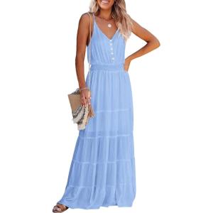 imagePRETTYGARDEN Sundress for Women 2025 Summer Spaghetti Strap Sleeveless High Waist Beach Long Maxi DressesLight Blue