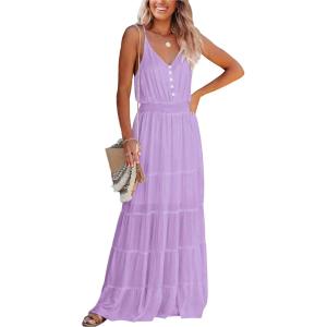 imagePRETTYGARDEN Sundress for Women 2025 Summer Spaghetti Strap Sleeveless High Waist Beach Long Maxi DressesLight Purple