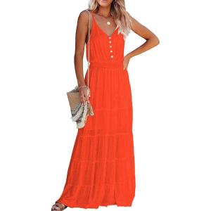 imagePRETTYGARDEN Sundress for Women 2025 Summer Spaghetti Strap Sleeveless High Waist Beach Long Maxi DressesOrange