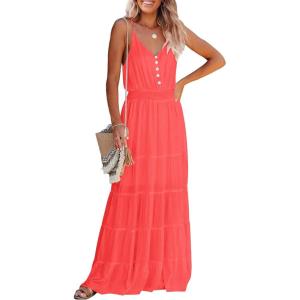 imagePRETTYGARDEN Sundress for Women 2025 Summer Spaghetti Strap Sleeveless High Waist Beach Long Maxi DressesOrange Red