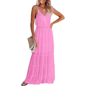 imagePRETTYGARDEN Sundress for Women 2025 Summer Spaghetti Strap Sleeveless High Waist Beach Long Maxi DressesRose Pink