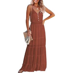 imagePRETTYGARDEN Sundress for Women 2025 Summer Spaghetti Strap Sleeveless High Waist Beach Long Maxi DressesRust Red