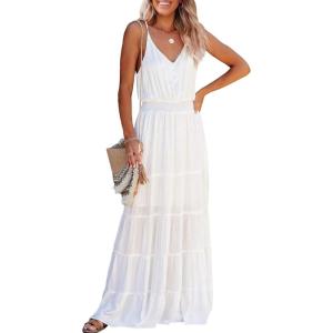 imagePRETTYGARDEN Sundress for Women 2025 Summer Spaghetti Strap Sleeveless High Waist Beach Long Maxi DressesWhite