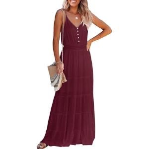 imagePRETTYGARDEN Sundress for Women 2025 Summer Spaghetti Strap Sleeveless High Waist Beach Long Maxi DressesWine Red