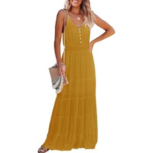 imagePRETTYGARDEN Sundress for Women 2025 Summer Spaghetti Strap Sleeveless High Waist Beach Long Maxi DressesYellow