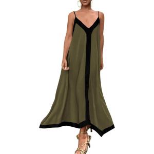 imagePRETTYGARDEN Womens 2025 Summer Maxi Dress Sleeveless V Neck Spaghetti Strap Flowy Elegant Holiday Party DressesArmy Green