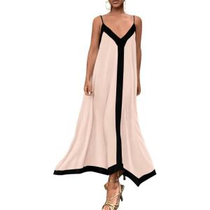 imagePRETTYGARDEN Womens 2025 Summer Maxi Dress Sleeveless V Neck Spaghetti Strap Flowy Elegant Holiday Party DressesBeige