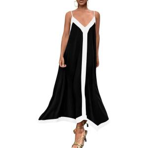 imagePRETTYGARDEN Womens 2025 Summer Maxi Dress Sleeveless V Neck Spaghetti Strap Flowy Elegant Holiday Party DressesBlack