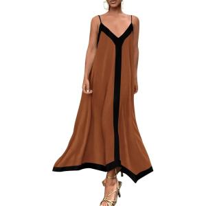 imagePRETTYGARDEN Womens 2025 Summer Maxi Dress Sleeveless V Neck Spaghetti Strap Flowy Elegant Holiday Party DressesBrown