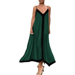 imagePRETTYGARDEN Womens 2025 Summer Maxi Dress Sleeveless V Neck Spaghetti Strap Flowy Elegant Holiday Party DressesDark Green