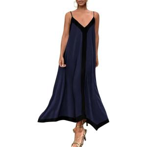 imagePRETTYGARDEN Womens 2025 Summer Maxi Dress Sleeveless V Neck Spaghetti Strap Flowy Elegant Holiday Party DressesNavy