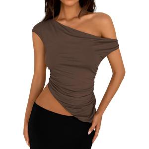 imagePRETTYGARDEN Womens 2025 Summer Off The Shoulder Crop Tops Sleeveless One Shoulder Ruched Asymmetrical Y2K Going Out Tank TopCoffee