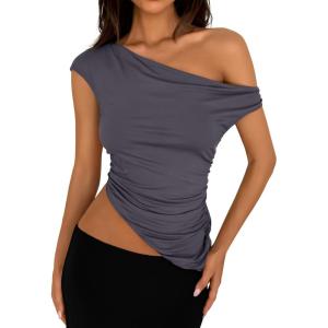 imagePRETTYGARDEN Womens 2025 Summer Off The Shoulder Crop Tops Sleeveless One Shoulder Ruched Asymmetrical Y2K Going Out Tank TopDark Grey