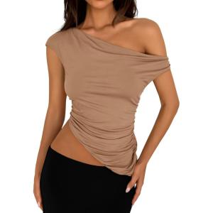 imagePRETTYGARDEN Womens 2025 Summer Off The Shoulder Crop Tops Sleeveless One Shoulder Ruched Asymmetrical Y2K Going Out Tank TopKhaki