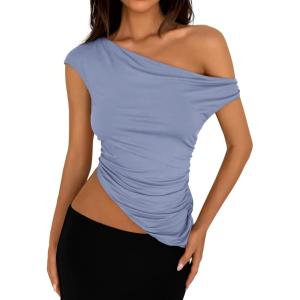 imagePRETTYGARDEN Womens 2025 Summer Off The Shoulder Crop Tops Sleeveless One Shoulder Ruched Asymmetrical Y2K Going Out Tank TopLight Blue
