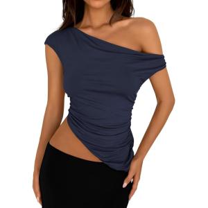 imagePRETTYGARDEN Womens 2025 Summer Off The Shoulder Crop Tops Sleeveless One Shoulder Ruched Asymmetrical Y2K Going Out Tank TopNavy