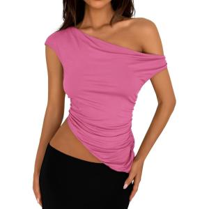 imagePRETTYGARDEN Womens 2025 Summer Off The Shoulder Crop Tops Sleeveless One Shoulder Ruched Asymmetrical Y2K Going Out Tank TopPink