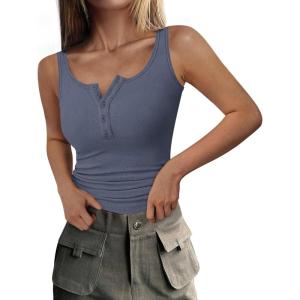 imagePRETTYGARDEN Womens 2025 Summer Tank Tops Ribbed Knit Slim Fit Sleeveless Henley Shirts Casual Basic Button Up BlouseBlue Grey