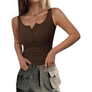 imagePRETTYGARDEN Womens 2025 Summer Tank Tops Ribbed Knit Slim Fit Sleeveless Henley Shirts Casual Basic Button Up BlouseCoffee