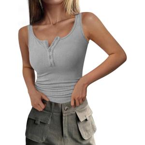 imagePRETTYGARDEN Womens 2025 Summer Tank Tops Ribbed Knit Slim Fit Sleeveless Henley Shirts Casual Basic Button Up BlouseGrey