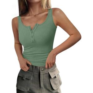 imagePRETTYGARDEN Womens 2025 Summer Tank Tops Ribbed Knit Slim Fit Sleeveless Henley Shirts Casual Basic Button Up BlouseGrey Green