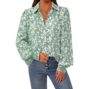 imagePRETTYGARDEN Womens Floral Blouses Dressy Casual V Neck Button Down Shirts Lantern Long Sleeve Boho Chiffon Fall Tops 2025Leaves Light Green