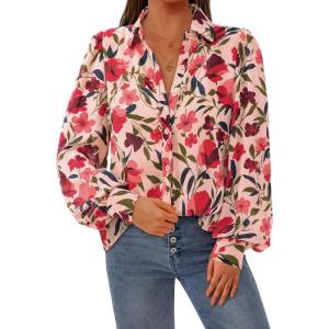 imagePRETTYGARDEN Womens Floral Blouses Dressy Casual V Neck Button Down Shirts Lantern Long Sleeve Boho Chiffon Fall Tops 2025Orange Pink Red Flower
